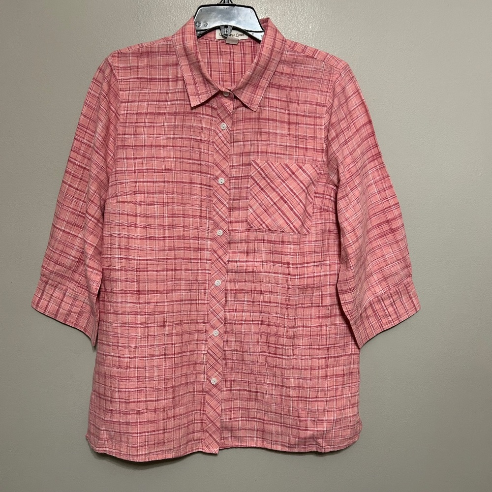 Goldwater Creek Short Sleeve Shirt M Pink Plaid Button Up Linen Cotton Preppy